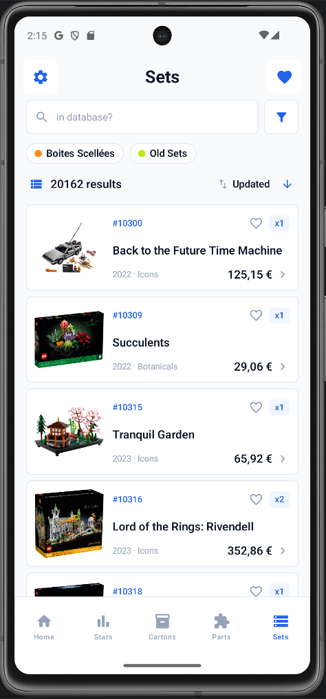 Sets — liste des collections