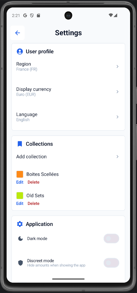 Réglages — profil et collections